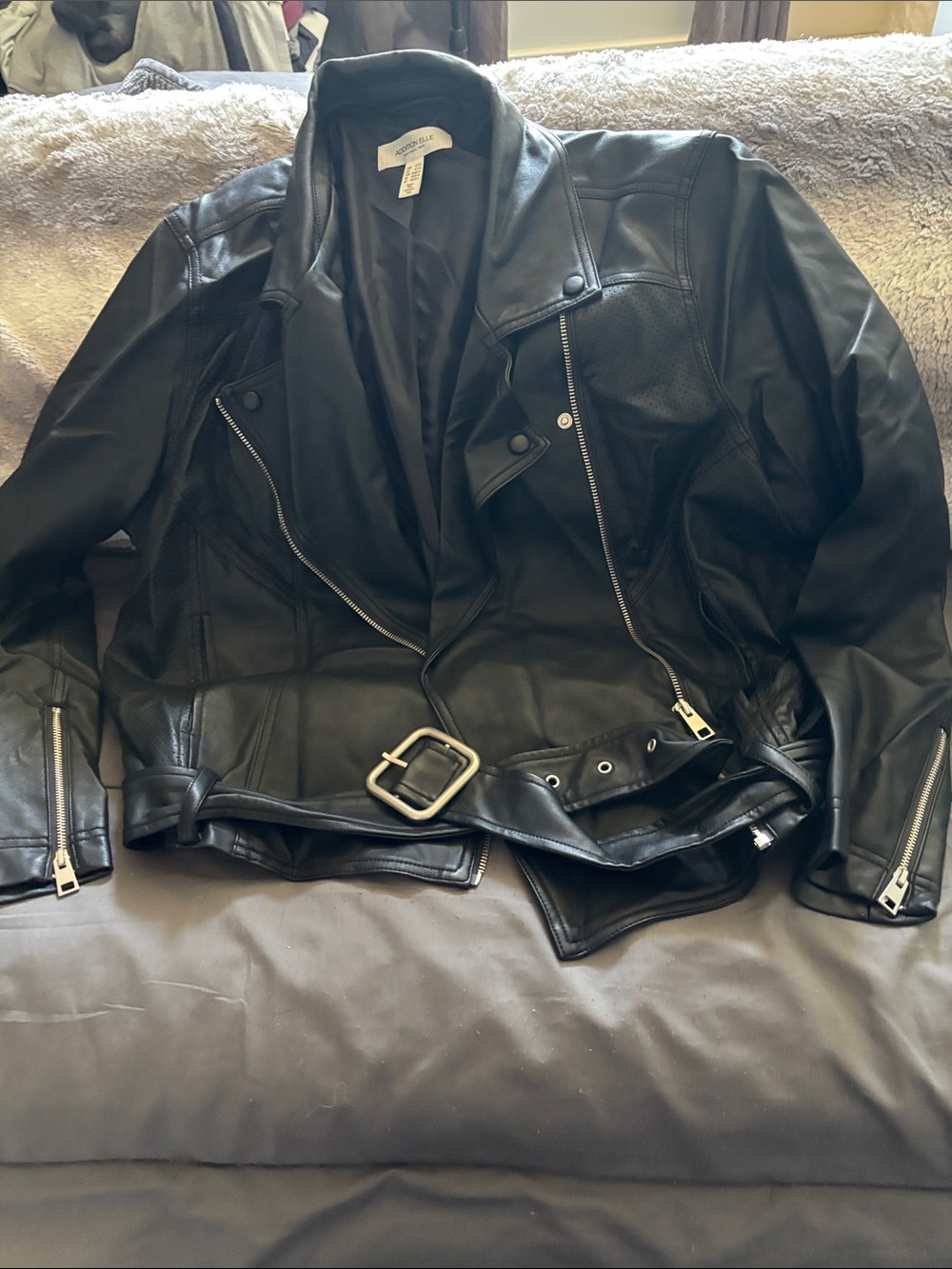 Addition Elle Black Faux Leather Belted Moto Jacket